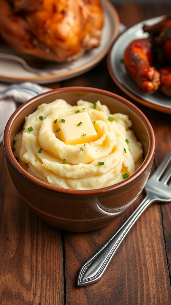 A bowl of creamy mashed potatoes topped with butter and chives, served on a rustic table.